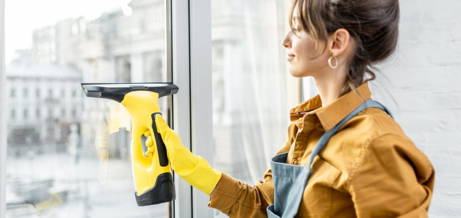 A woman in yellow gloves spray cleaning a window while smiling.